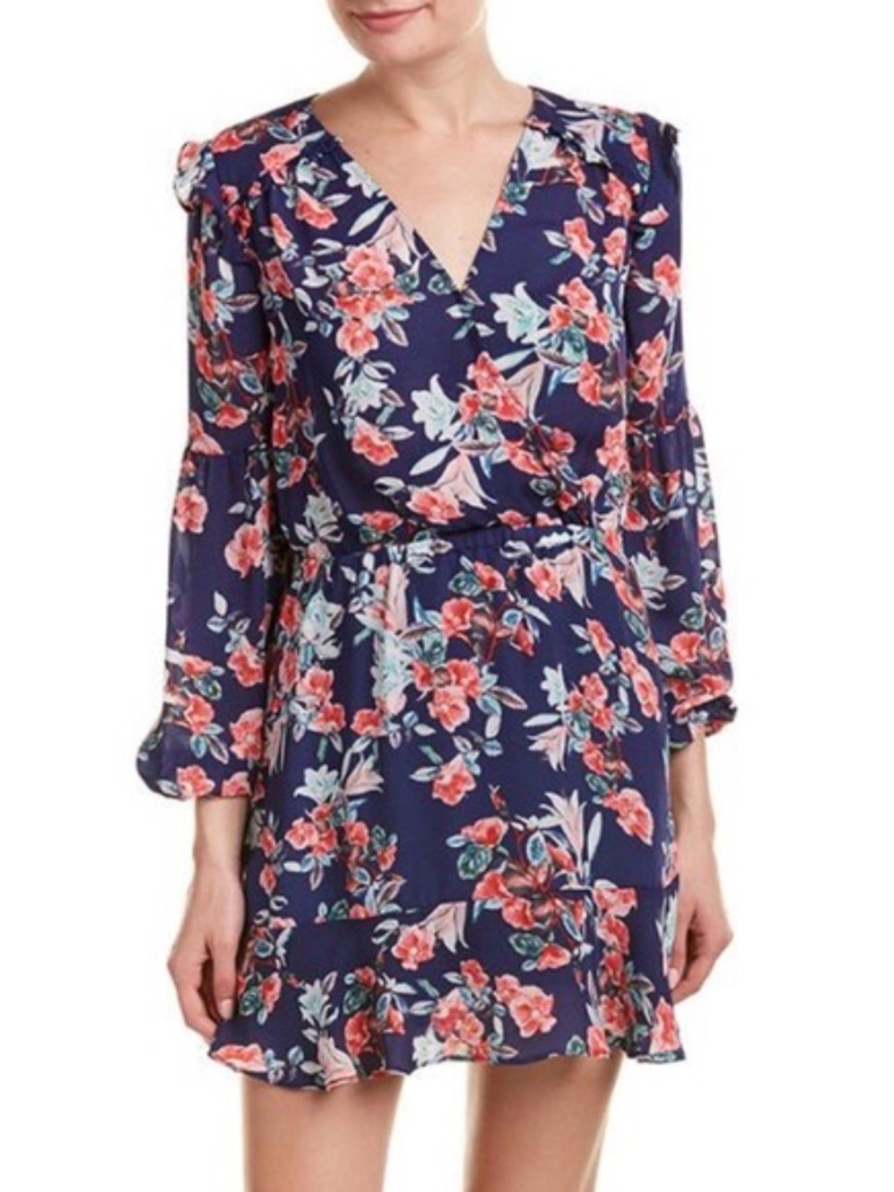 Parker Floral Mini Dress Blue Pink Long Sleeve V-Neck Size S
